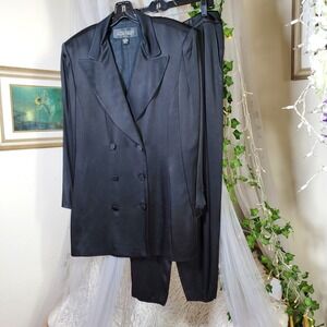ELLEN TRACY / LINDA ALLARD Size 16 Womens Pants Suit /Blazer Silk Feel Black EUC